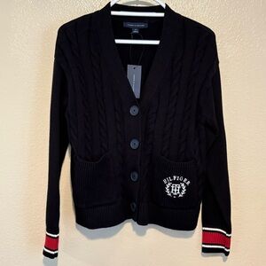 Tommy Hilfiger Cardigan Sweater Black Cable Knit Varsity Striped Cuffs NWT Small